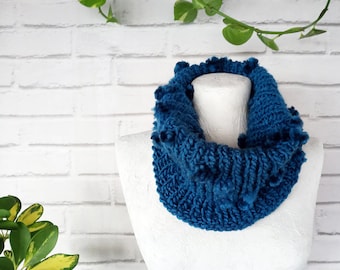 Boho Hand Knitted Tubular Warmer Wrap Scarf - Blue Knit Collar Chunky Infinity Loop Scarf with Pompoms - Gift for Her & Him - Ready to Ship