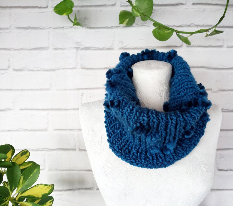 Boho Hand Knitted Tubular Warmer Wrap Scarf Blue Knit Collar Chunky Infinity Loop Scarf with Pompoms Gift for Her & Him Ready to Ship image 1