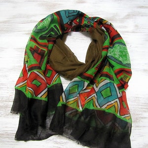 Black brown green ethnic pattern voile cotton shawl/wrap handmade accessories/gift for her/Spring,Summer,Fall accessories