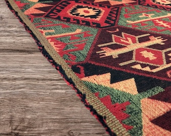 Woven Kilim Upholstery Fabric, Red Aztec Geometric Boho Home Decor, 142cm Wide Cotton Blend