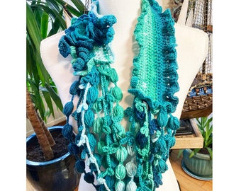 Crochet Funny Pompoms Everyday Shawl - Turquoise Shades Handmade Neck Wrap - Boho Jewelry - Festival Necklace - Gift for Her