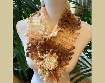 Crochet Brown Beige Shades Fringed  All Seasons  Everyday Neck Wrap - Brown Colors Hand Knit - Boho Avantgarde Necklace - Gift for Her