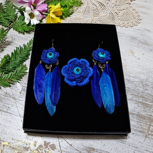 Blue crochet earrings and ring gift set/hand crochet accessories set/Boho jewelry/Gift for Her/Christmas gift