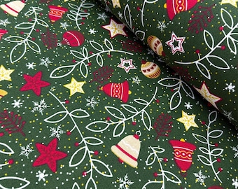 May include: Dark green fabric with a repeating Christmas pattern. The design includes red and gold ornaments, white stars, bells, and snowflakes. White leaf and berry accents are also present.