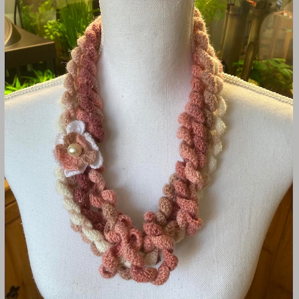 Crochet twisted strip shawl /pink-brown hand knit scarf with crochet flowers  /Boho necklace scarf/gift for her