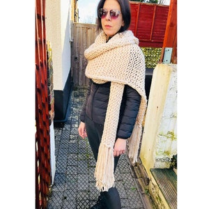 Fashionable stylish big long shawl beige neck shoulders wrap chunky hand loose knit fringed shawl/Gift for Her image 2