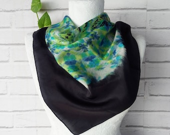 Vintage Tie-Dye Silk Scarf - Green, Marine, Blue Square Shawls - Gift for Her - Spring Summer Scarves - Silk Hand Dye Scarf - Retro Scarf