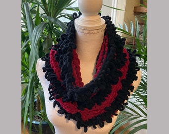 Crochet black and claret red  velvet fringed shawl /multi colors hand knit neck wrap /Boho necklace scarf/gift for her