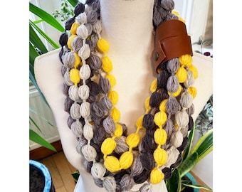 Crochet Funny Pompoms Everyday Necklace - Multi Colors -gradient gray-yellow-white Handmade Neck Wrap - Boho Jewelry - Festival Necklace