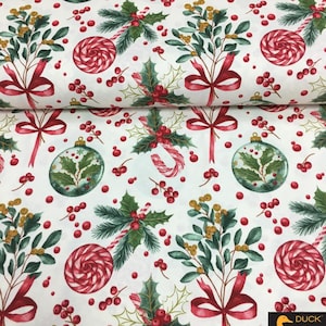 Red ribbon and candy print panama duck linen-look fabric