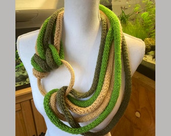 Crochet mesh ringed shawl /green-beige hand knit scarf  /Boho necklace scarf/gift for her