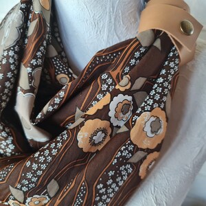 Vintage fabric silky brown-beige retro infinity shawl with tan faux leather strap/soft voile shawls for her/Spring,Summer,Fall accessories image 5