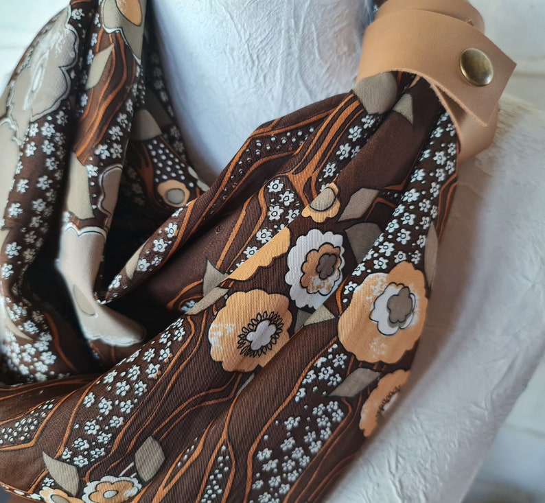 Vintage fabric silky brown-beige retro infinity shawl with tan faux leather strap/soft voile shawls for her/Spring,Summer,Fall accessories image 5