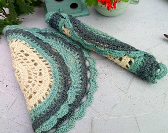 Free standart shipping/Crochet jute placemat set-pale turquoise,petrol green and beige colour round crochet table set-2 items-1 set