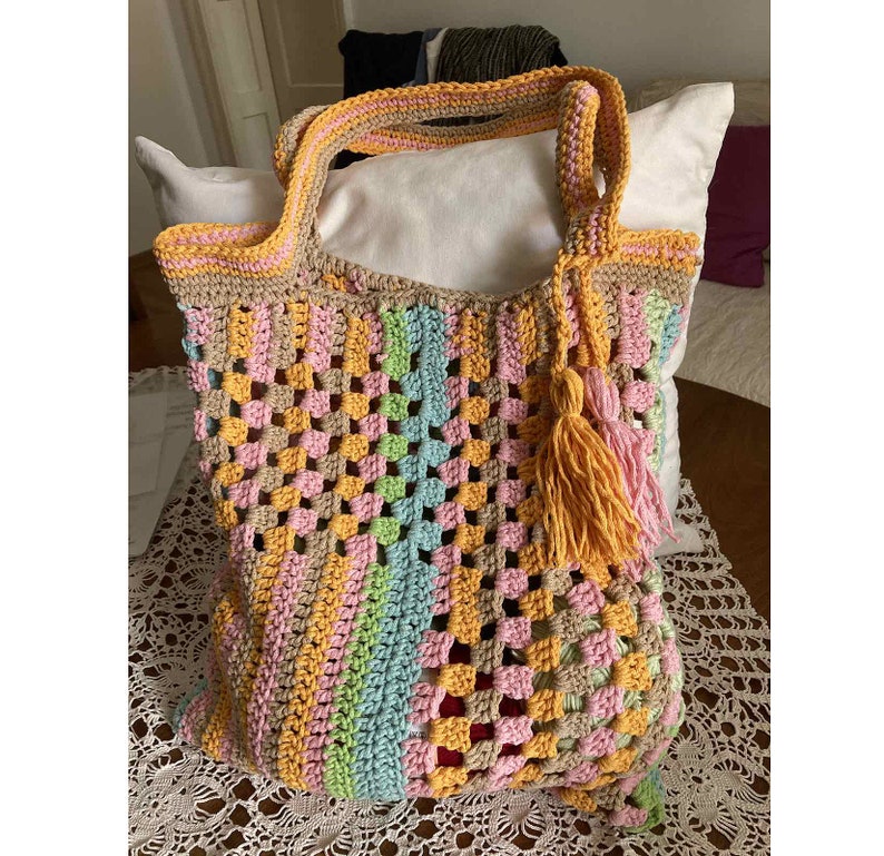 Crochet bohem style pastel colors hippie tote bag shoulder everyday bad summer bag image 6