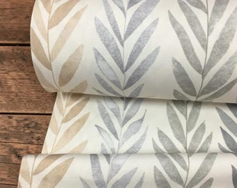 102 inch Neutral Leaf Fabric by the Yard, Wide Width Linen Look Decor Textile, Beige Gray Botanical Pattern
