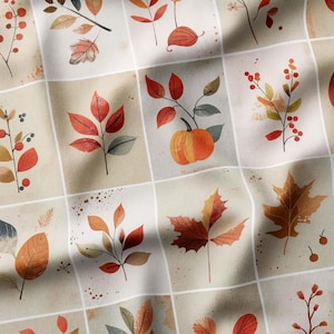 May include: A fabric featuring a grid pattern with various autumn-themed illustrations in each square. The designs include orange pumpkins, red and brown maple leaves, delicate branches with berries, and foliage in shades of beige, rust, and muted green.