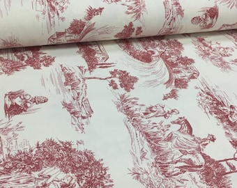 French Country Toile Claret Red Canvas by the Yard, Cotton Duck