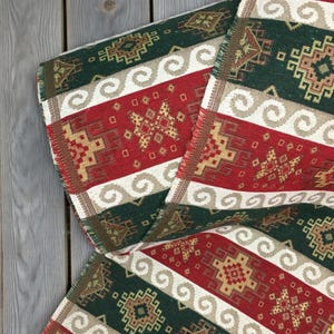 Kilim Upholstery Fabric by the Yard, Turkish Woven Tribal Jacquard, Red Green Geometric Boho Textile for Cushions and Benches