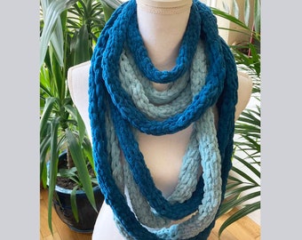 Crochet light blue-blue shades velvet cord shawl /multi colors hand knit neck wrap /Boho necklace scarf/gift for her