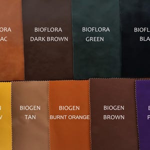 May include: A selection of leather swatches in various colours. The top row shows BIOFLORA leather in Cognac, Dark Brown, Green, and Black. The bottom row displays BIOGEN leather in Yellow, Tan, Burnt Orange, Brown, and Purple.
