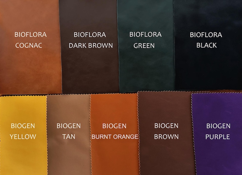 May include: A selection of leather swatches in various colours. The top row shows BIOFLORA leather in Cognac, Dark Brown, Green, and Black. The bottom row displays BIOGEN leather in Yellow, Tan, Burnt Orange, Brown, and Purple.