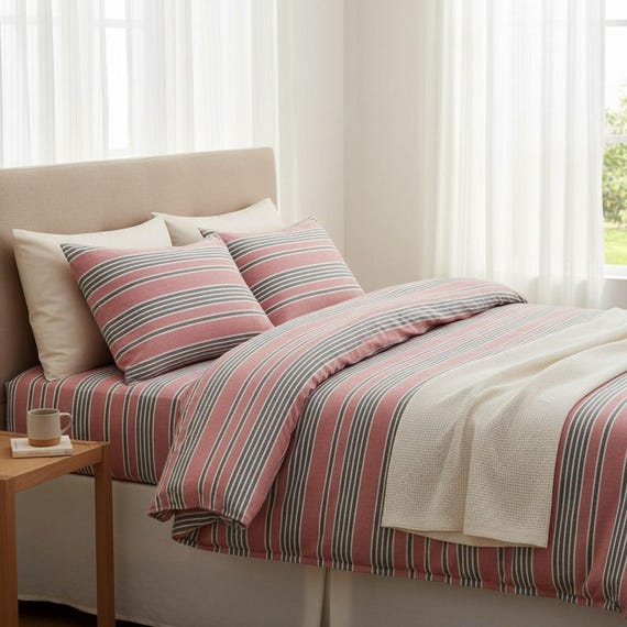 Reine natürliche Leinen-Look Gestreift Rosa - Grau Bettwäsche Stoff Schüttgut - 94 '' breit 100% Baumwolle für Bettbezüge, Bettwäsche - Kissenbezüge