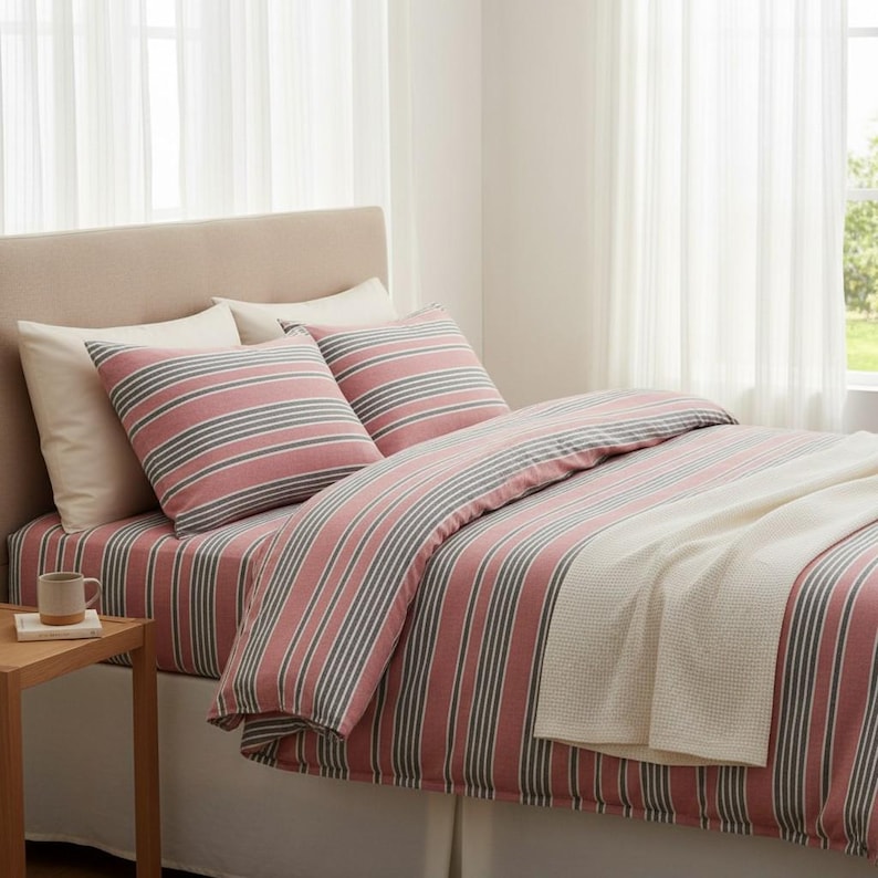 Pure Natural Linen Look Striped Pink -Gray Bedding Fabric by the Yard – 94'' Wide 100% Cotton for Duvet Covers, Sheets - Pillowcases image 1