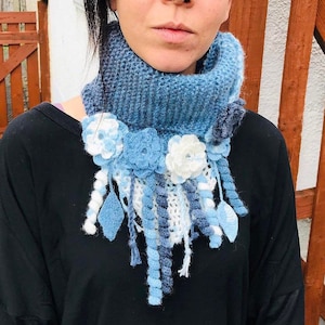 Free shipping/Cozy crochet flowered necklace wrap sky blue-white pastel colors shawl,collar/woman accessories/ready to ship gift for friend