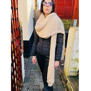 Fashionable stylish big long shawl beige neck shoulders wrap chunky hand loose knit fringed shawl/Gift for Her image 7