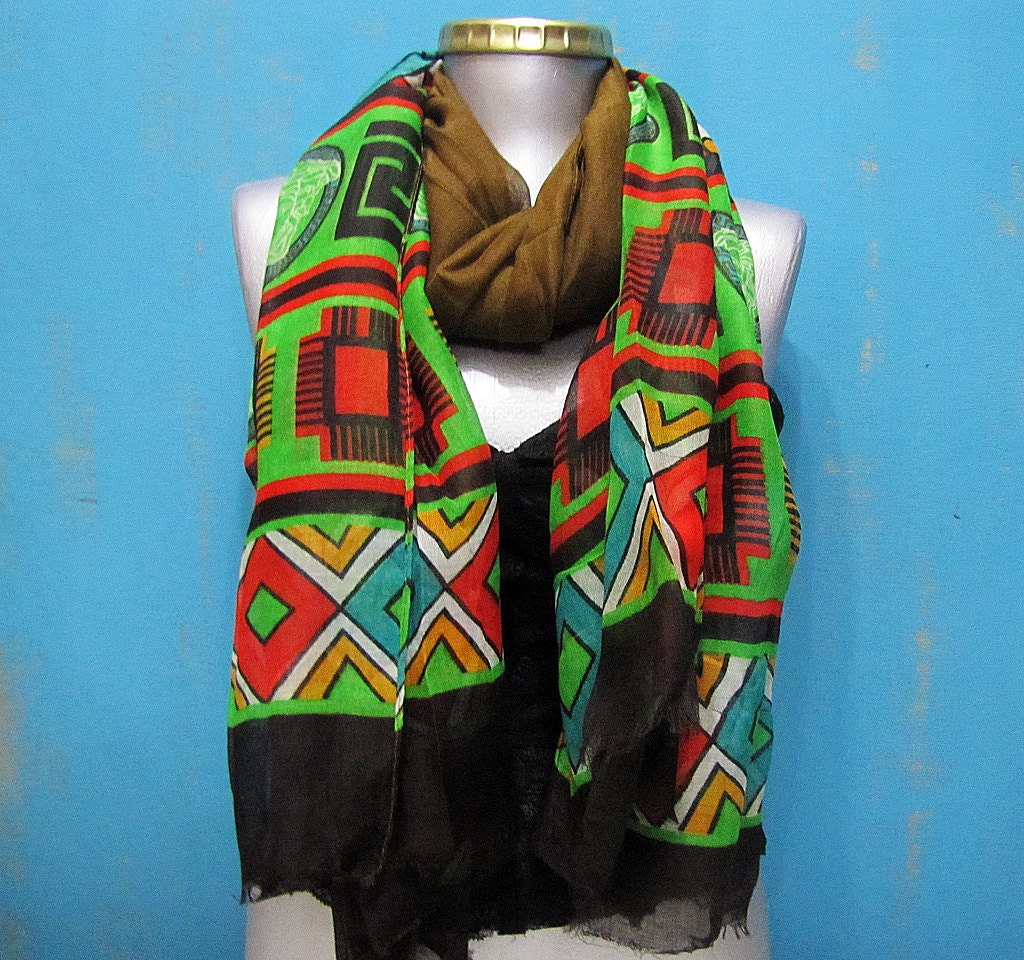 Black Brown Green Ethnic Pattern Voile Cotton Shawl/wrap - Etsy UK