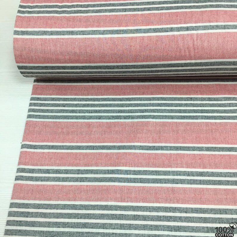 Pure Natural Linen Look Striped Pink -Gray Bedding Fabric by the Yard – 94'' Wide 100% Cotton for Duvet Covers, Sheets - Pillowcases image 2