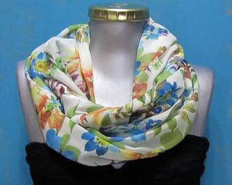 Voile cotton scarf with white green blue spring flower /wrap loop floral scarf/fresh flowers shawls /gift for her/boho accessories