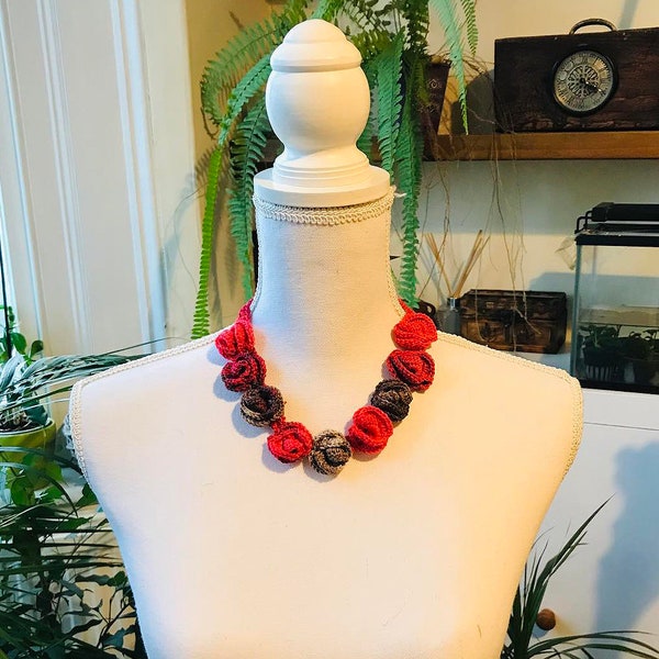Crochet everyday red-brown necklace/flowers hand knit necklace /boho jewelry/avant garde necklace/gift for her
