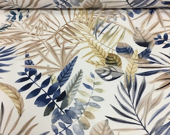 Elegant Leaves Linen Fabric by the Yard, Blue Beige Botanical Home Decor Textile, 60 Inch Wide
