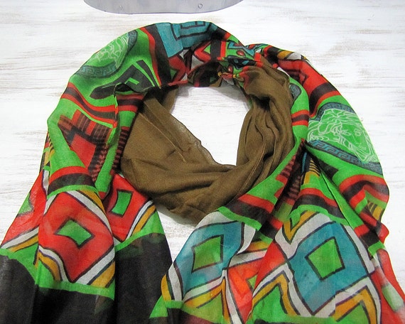 Black Brown Green Ethnic Pattern Voile Cotton Shawl/Wrap | Etsy