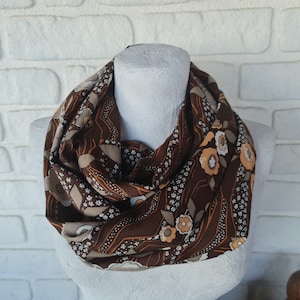 Vintage fabric silky brown-beige retro infinity shawl with tan faux leather strap/soft voile shawls for her/Spring,Summer,Fall accessories image 1