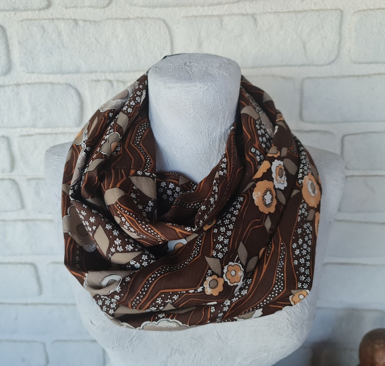 Vintage fabric silky brown-beige retro infinity shawl with tan faux leather strap/soft voile shawls for her/Spring,Summer,Fall accessories image 1