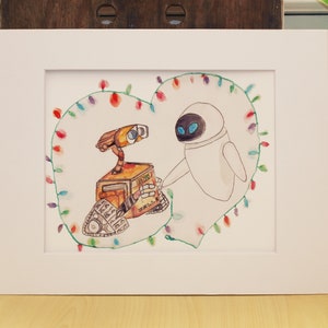Wall-E / Impressão de amor / Wall-E e Eve / Arte de robô / Arte de casal / Desenho sobre amor / Amigos improváveis / Desenho de coração / Impressão em aquarela