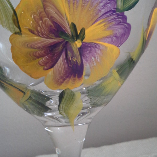 Hand Painted Pansy Wine Glasses. Set of 2