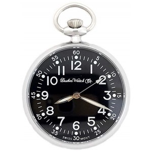 FREE MONOGRAM ENGRAVING! Dueber Military Style Pocket Watch, Swiss Movement, Black Dial with Luminous Hands, Steel Open Face Case 112-532