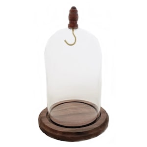 3&quot; x 4-1/2&quot; Hand Blown Pocket Watch Glass Display Dome Cloche Real Walnut Wood Base & Wood Knob and Metal Hook - Hand Made in USA!