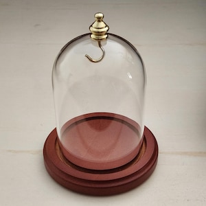 3&quot; x 4&quot; Hand Blown Pocket Watch Glass Display Dome Cloche with Gold Knob and Hook with Wood Base - Hand Made in Nevada, USA!