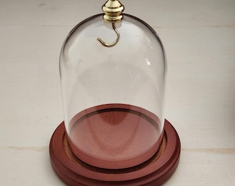 3" x 4" Hand Blown Pocket Watch Glass Display Dome Cloche with Gold Knob and Hook with Wood Base - Hand Made in Nevada, USA!