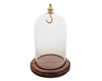 3" x 4-1/2" Hand Blown Pocket Watch Glass Display Dome Cloche Real Walnut Wood Base & Gold Brass Hook - Made in Nevada, USA!