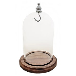 3&quot; x 4-1/2&quot; Hand Blown Pocket Watch Glass Display Dome Cloche Real Walnut Wood Base & Silver Metal Knob and Hook - Hand Made in USA!