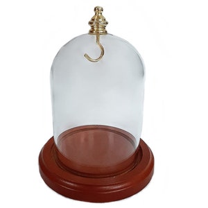 3" x 4" Pocket Watch Glass Display Dome Cloche with Gold Knob and Hook with Wood Base