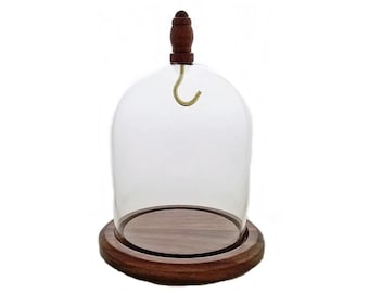 3" x 4" Hand Blown Pocket Watch Glass Display Dome Cloche Real Walnut Wood Base & Wood Knob and Metal Hook - Made in Nevada, USA!