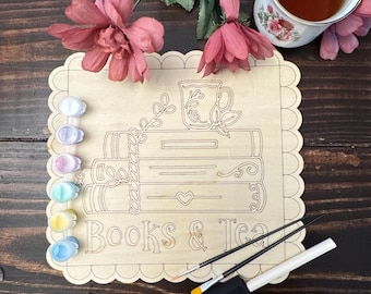 Kit de pintura para hacer tú mismo con temática de libros, bonito kit de libros y té para artesanos, kit para una noche de manualidades, regalo para un evento del club de lectura, letrero de estantería artesanal para amantes de los libros