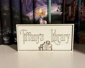 Personalized Name Library Bookshelf Sign, Library Shelf Decor, Bookish Merch, Desk Bookish Sign, Reading Nook Decor, Gift for Book Lovers